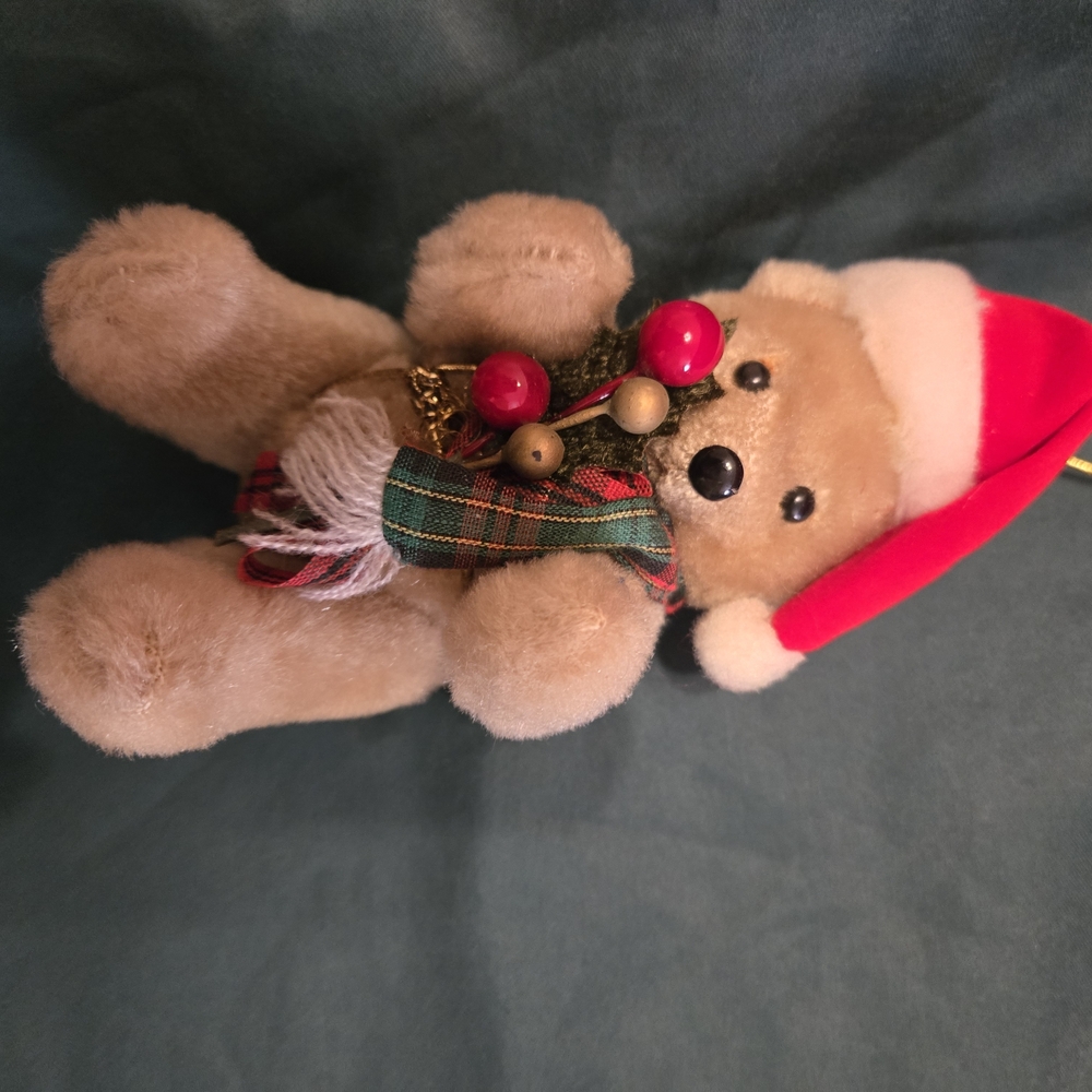 Vintage 80s Santa Jointed Bear Fuzzy Christmas Ornament